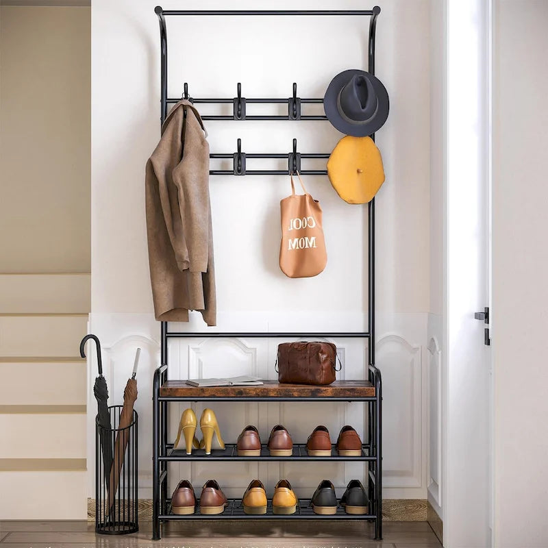 Banc de rangement étroit avec porte-manteau et banc à chaussures pour entrée