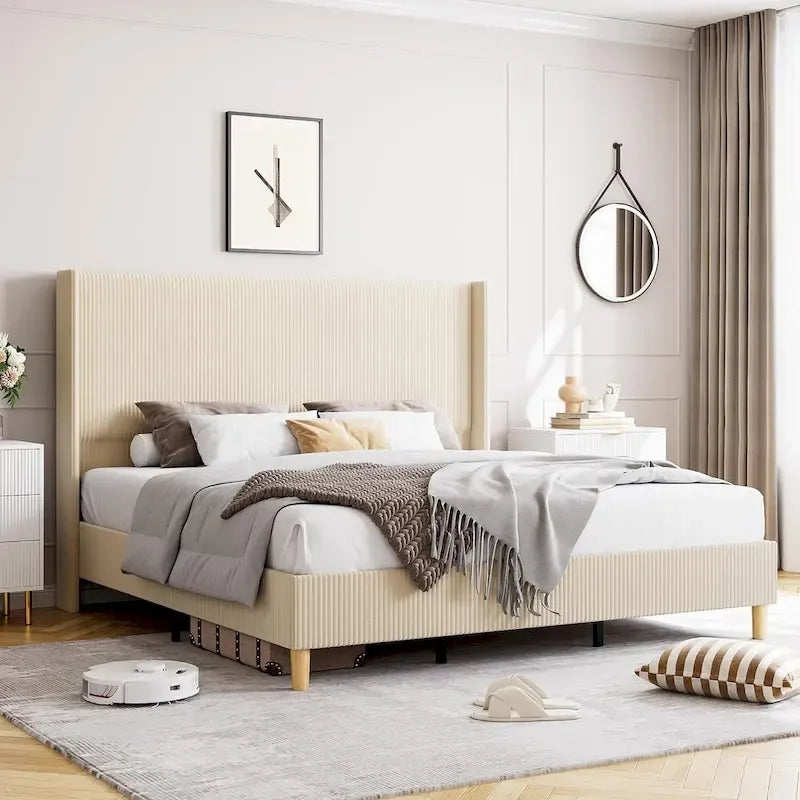 IDEALHOUSE Corduroy, Platform Bed with 51Tall Vertical Headboard