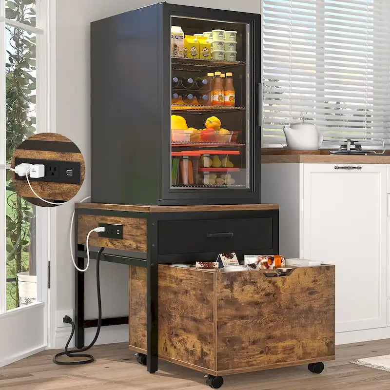 Meuble de support pour mini-réfrigérateur avec station de charge, table d'appoint avec tiroirs de rangement et meuble à roulettes