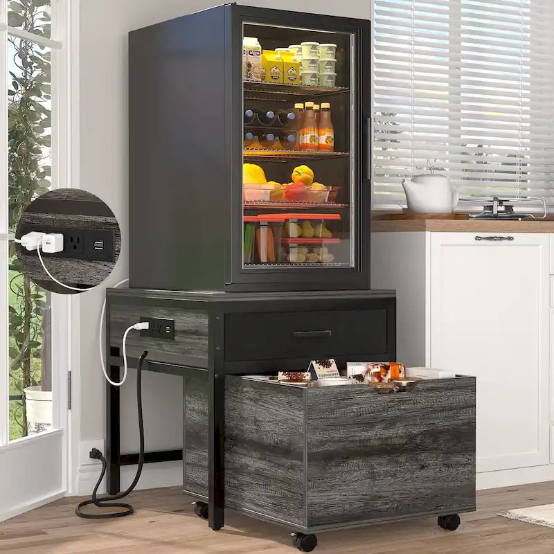 Mini Fridge Stand with Charge Station, Side/ End Table with Storage Drawers and Rolling Cabinet