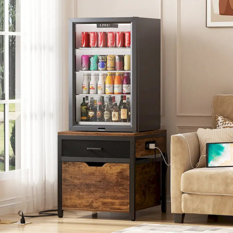Meuble de support pour mini-réfrigérateur avec station de charge, table d'appoint avec tiroirs de rangement et meuble à roulettes