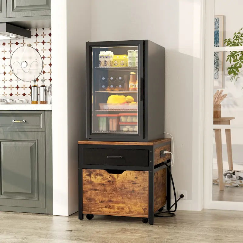 Meuble de support pour mini-réfrigérateur avec station de charge, table d'appoint avec tiroirs de rangement et meuble à roulettes