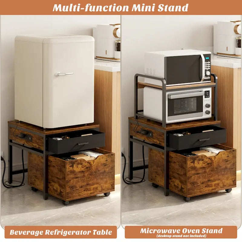 Meuble de support pour mini-réfrigérateur avec station de charge, table d'appoint avec tiroirs de rangement et meuble à roulettes
