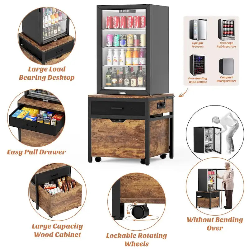 Meuble de support pour mini-réfrigérateur avec station de charge, table d'appoint avec tiroirs de rangement et meuble à roulettes