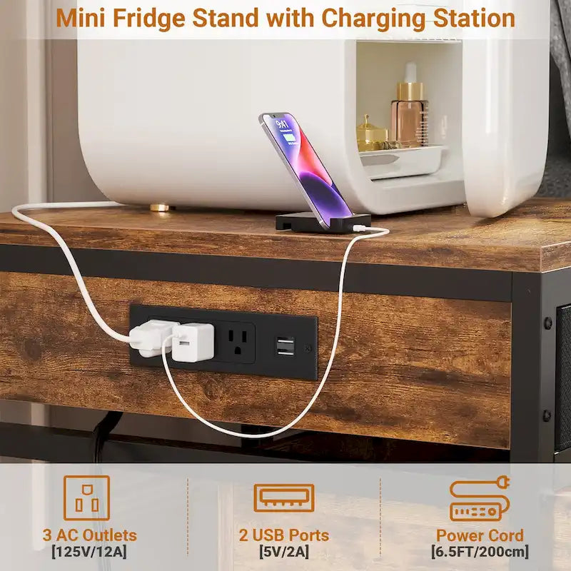 Meuble de support pour mini-réfrigérateur avec station de charge, table d'appoint avec tiroirs de rangement et meuble à roulettes