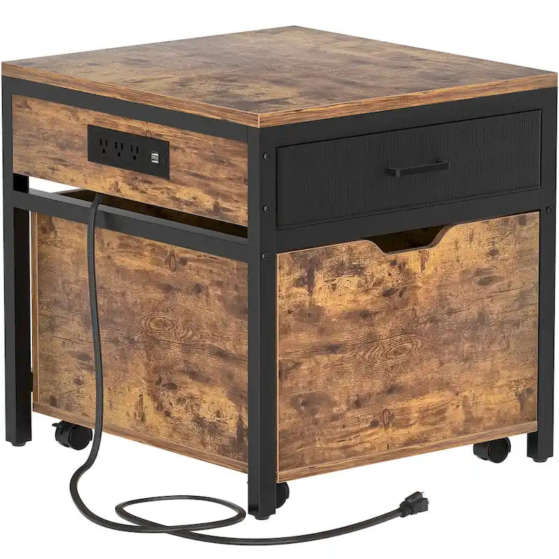 Meuble de support pour mini-réfrigérateur avec station de charge, table d'appoint avec tiroirs de rangement et meuble à roulettes
