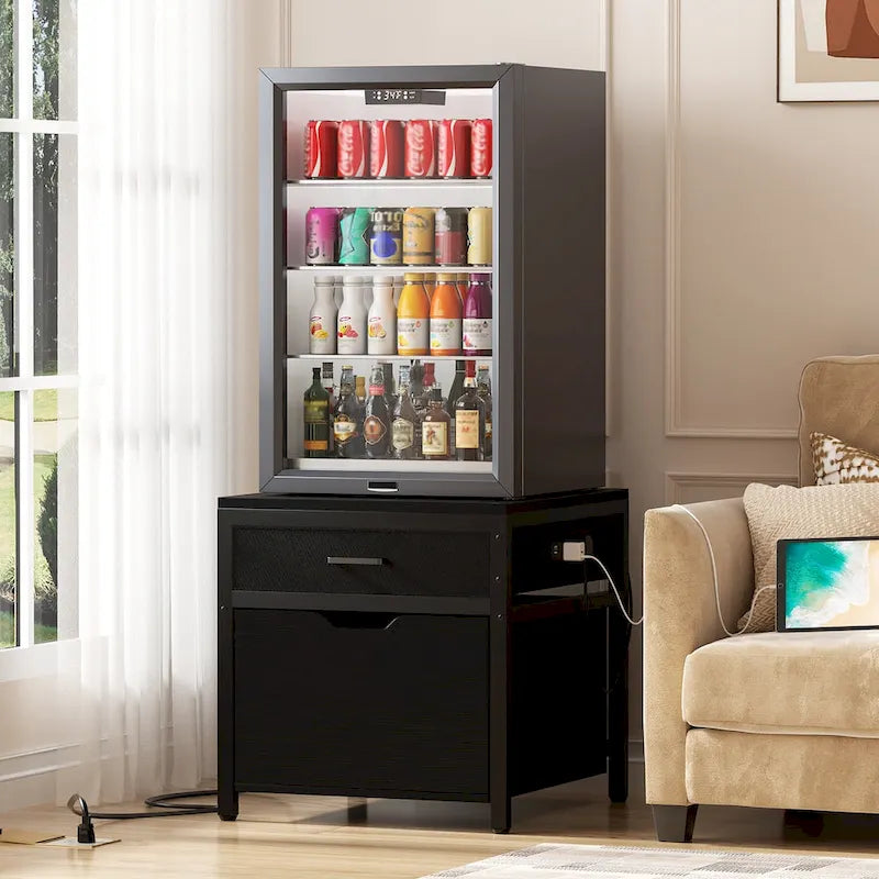 Meuble de support pour mini-réfrigérateur avec station de charge, table d'appoint avec tiroirs de rangement et meuble à roulettes