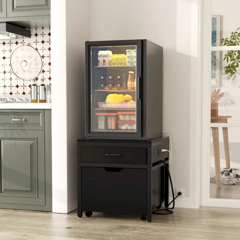 Meuble de support pour mini-réfrigérateur avec station de charge, table d'appoint avec tiroirs de rangement et meuble à roulettes