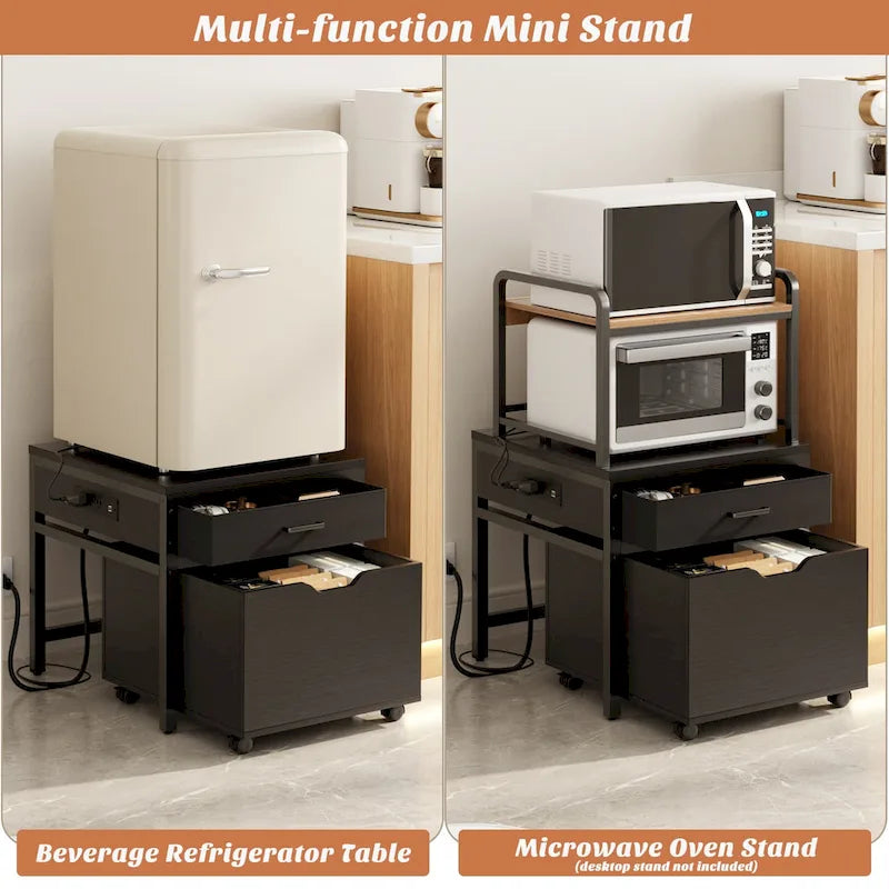 Meuble de support pour mini-réfrigérateur avec station de charge, table d'appoint avec tiroirs de rangement et meuble à roulettes
