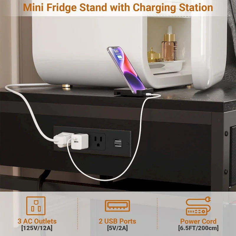 Meuble de support pour mini-réfrigérateur avec station de charge, table d'appoint avec tiroirs de rangement et meuble à roulettes