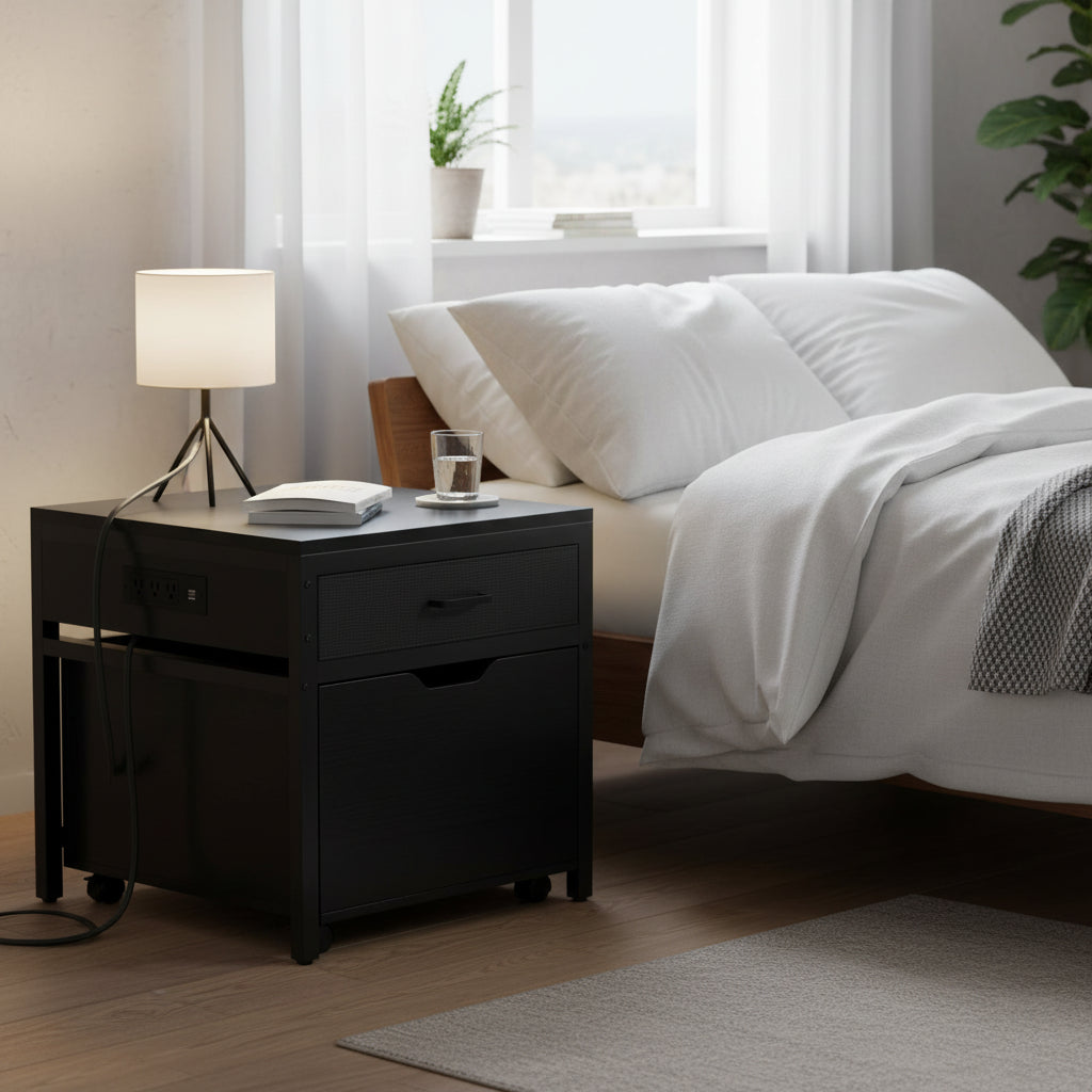 Mini Fridge Stand with Charge Station, Side/ End Table with Storage Drawers and Rolling Cabinet