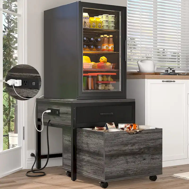 Meuble de support pour mini-réfrigérateur avec station de charge, table d'appoint avec tiroirs de rangement et meuble à roulettes