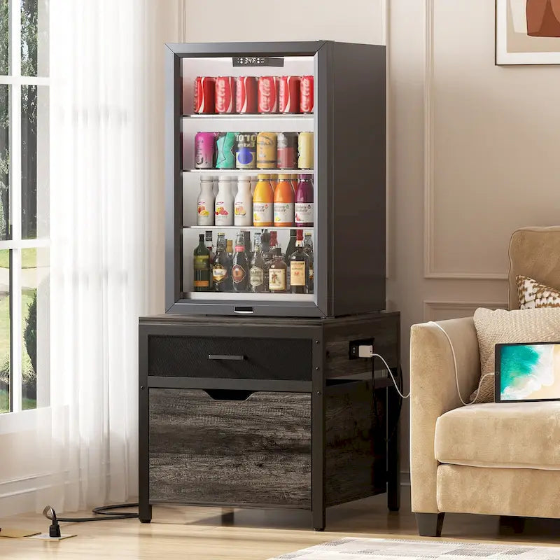 Meuble de support pour mini-réfrigérateur avec station de charge, table d'appoint avec tiroirs de rangement et meuble à roulettes