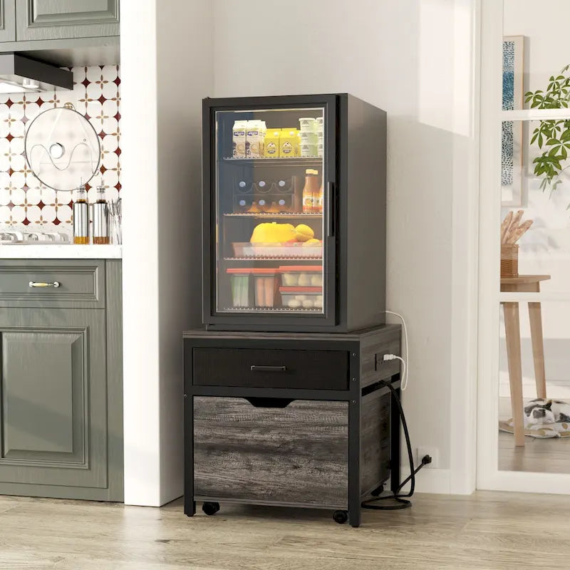 Meuble de support pour mini-réfrigérateur avec station de charge, table d'appoint avec tiroirs de rangement et meuble à roulettes