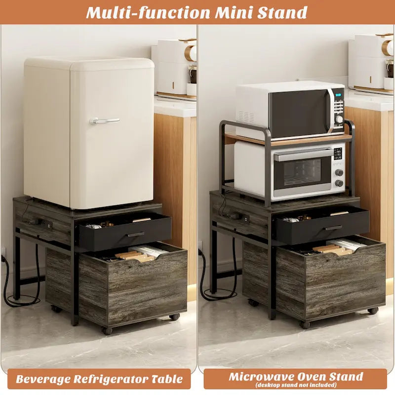 Meuble de support pour mini-réfrigérateur avec station de charge, table d'appoint avec tiroirs de rangement et meuble à roulettes
