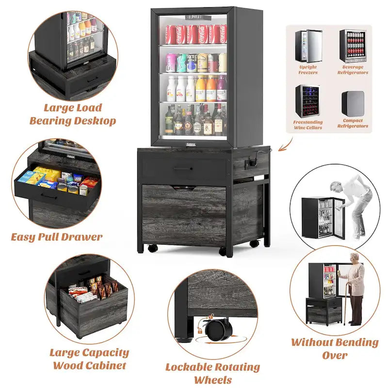 Meuble de support pour mini-réfrigérateur avec station de charge, table d'appoint avec tiroirs de rangement et meuble à roulettes