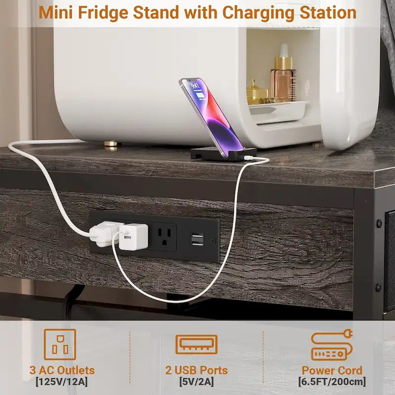 Meuble de support pour mini-réfrigérateur avec station de charge, table d'appoint avec tiroirs de rangement et meuble à roulettes