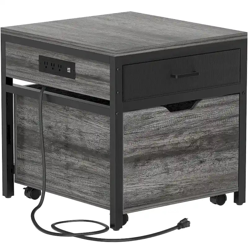 Meuble de support pour mini-réfrigérateur avec station de charge, table d'appoint avec tiroirs de rangement et meuble à roulettes