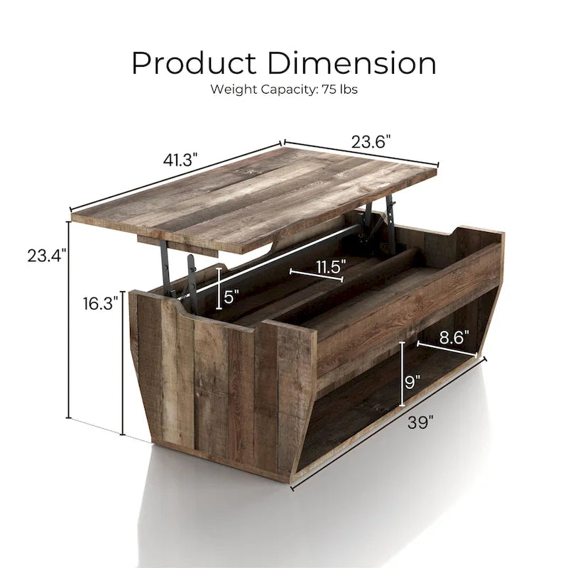 Rustic Style 41-Inch Solid Wood Lift-Top Coffee Table