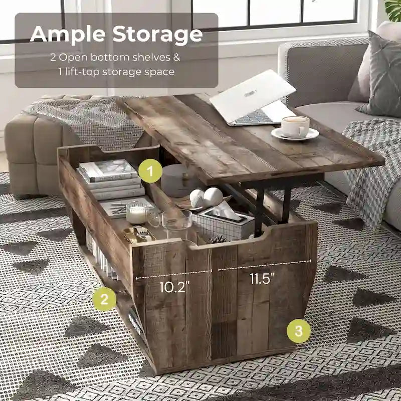 Rustic Style 41-Inch Solid Wood Lift-Top Coffee Table