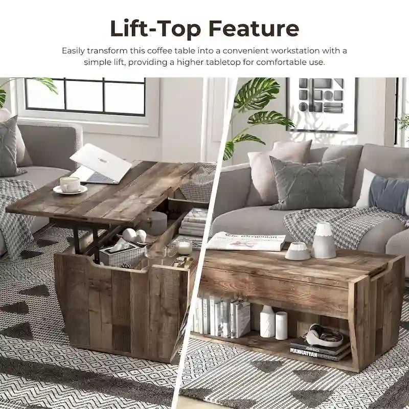 Rustic Style 41-Inch Solid Wood Lift-Top Coffee Table
