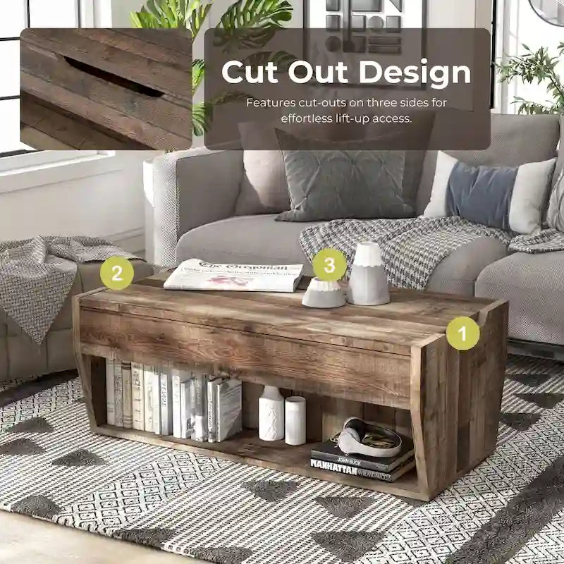 Rustic Style 41-Inch Solid Wood Lift-Top Coffee Table