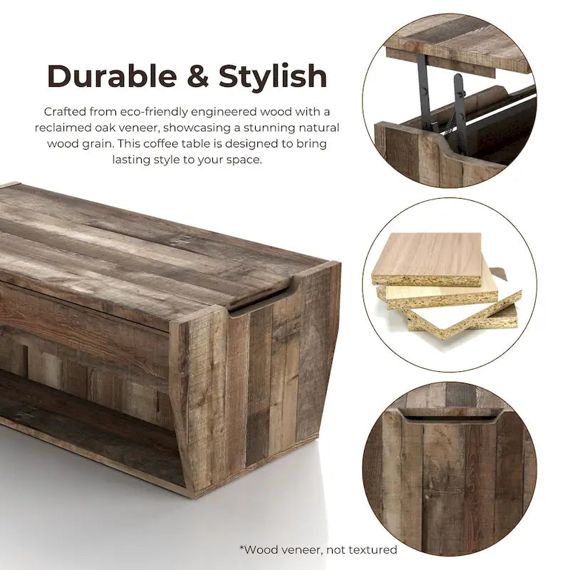 Table basse relevable en bois massif de 104 cm de style rustique