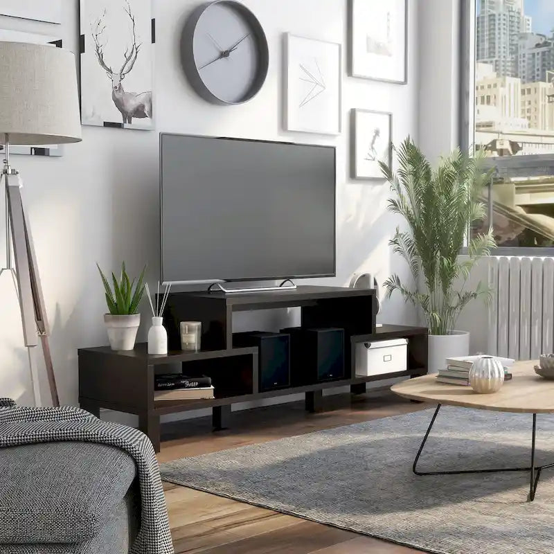Meuble TV moderne à 3 étagères finition espresso, console média élégante pour le salon