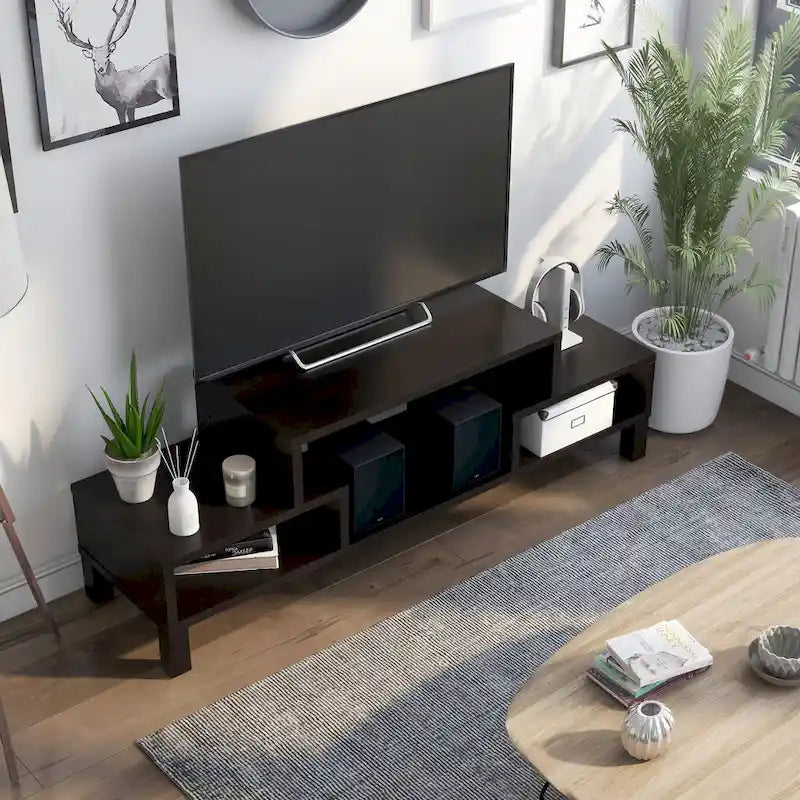 Meuble TV moderne à 3 étagères finition espresso, console média élégante pour le salon