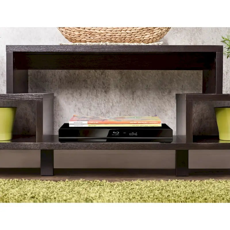 Meuble TV moderne à 3 étagères finition espresso, console média élégante pour le salon
