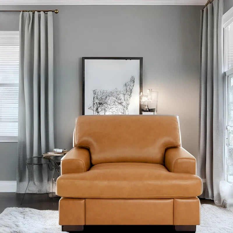 Fauteuil d'appoint en cuir véritable avec coussin en plumes d'oie de confort luxueux, accoudoirs carrés, pieds blocs robustes