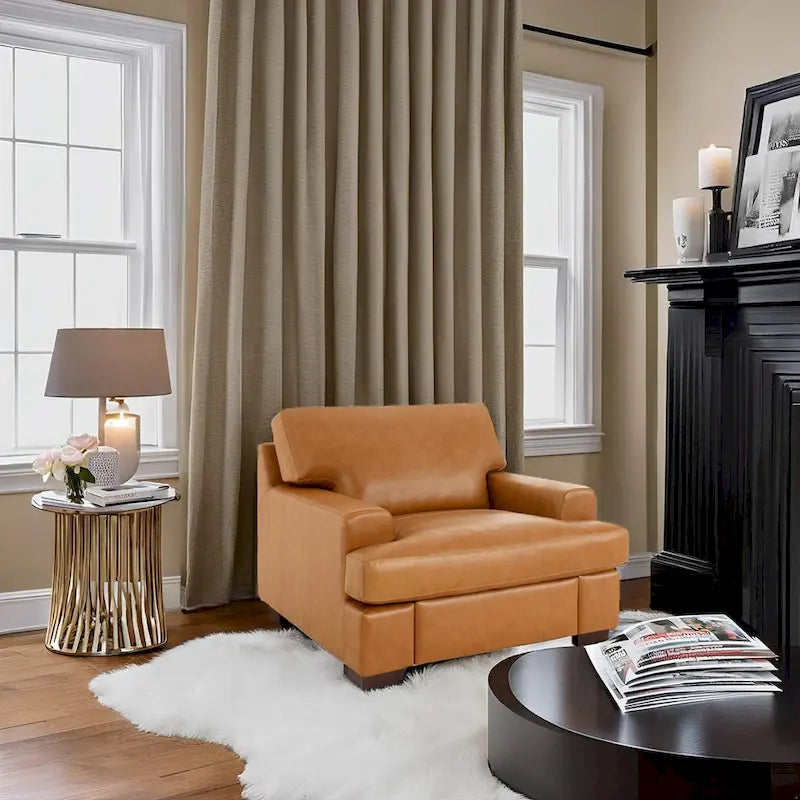 Fauteuil d'appoint en cuir véritable avec coussin en plumes d'oie de confort luxueux, accoudoirs carrés, pieds blocs robustes