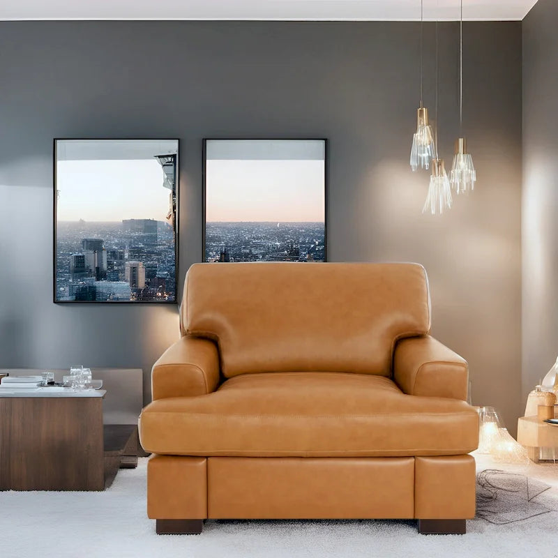 Fauteuil d'appoint en cuir véritable avec coussin en plumes d'oie de confort luxueux, accoudoirs carrés, pieds blocs robustes