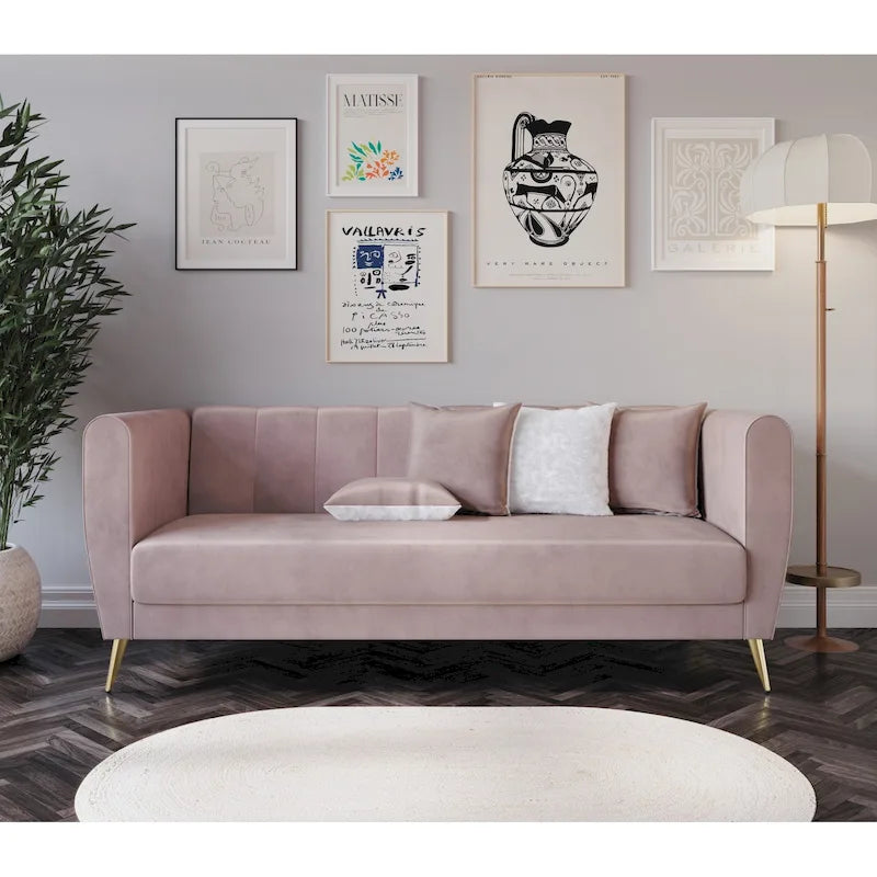 Canapé 3 places en velours avec accoudoirs évasés (4 coussins inclus)