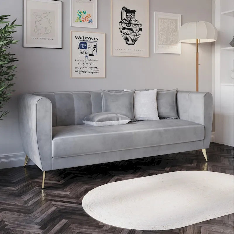 Canapé 3 places en velours avec accoudoirs évasés (4 coussins inclus)