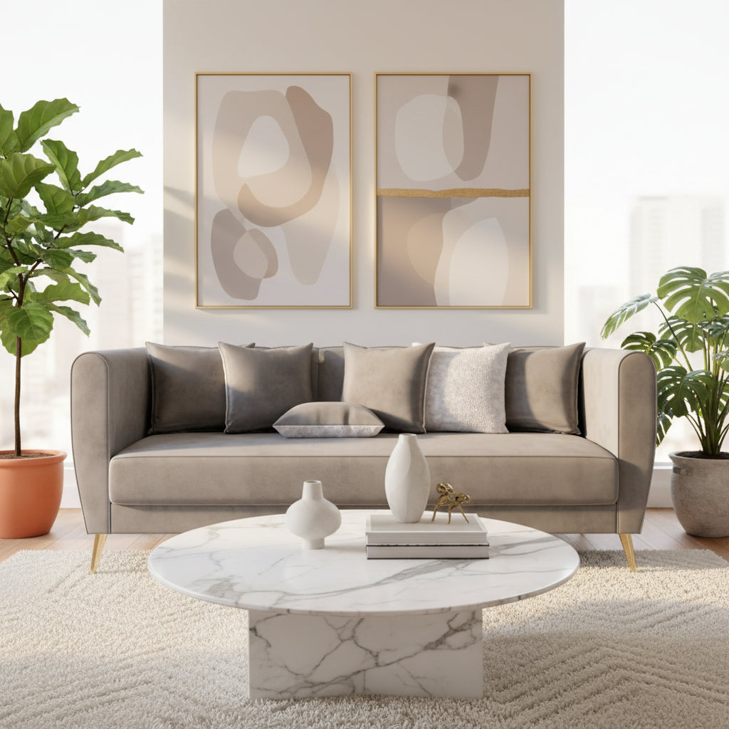 Canapé 3 places en velours avec accoudoirs évasés (4 coussins inclus)