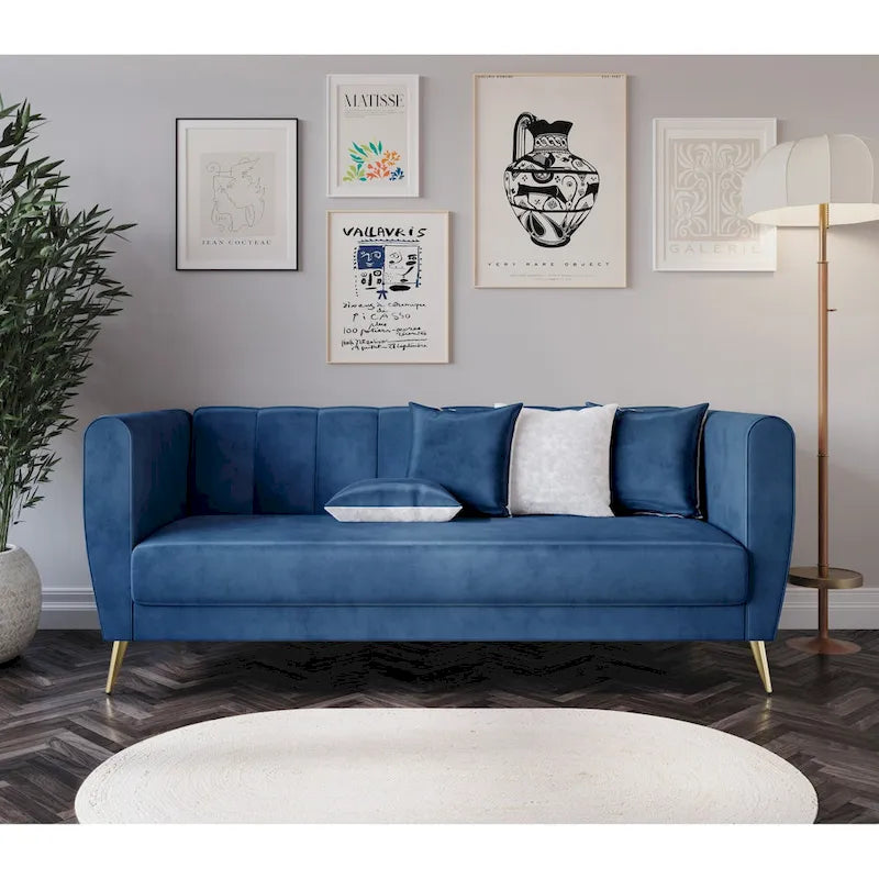 Canapé 3 places en velours avec accoudoirs évasés (4 coussins inclus)