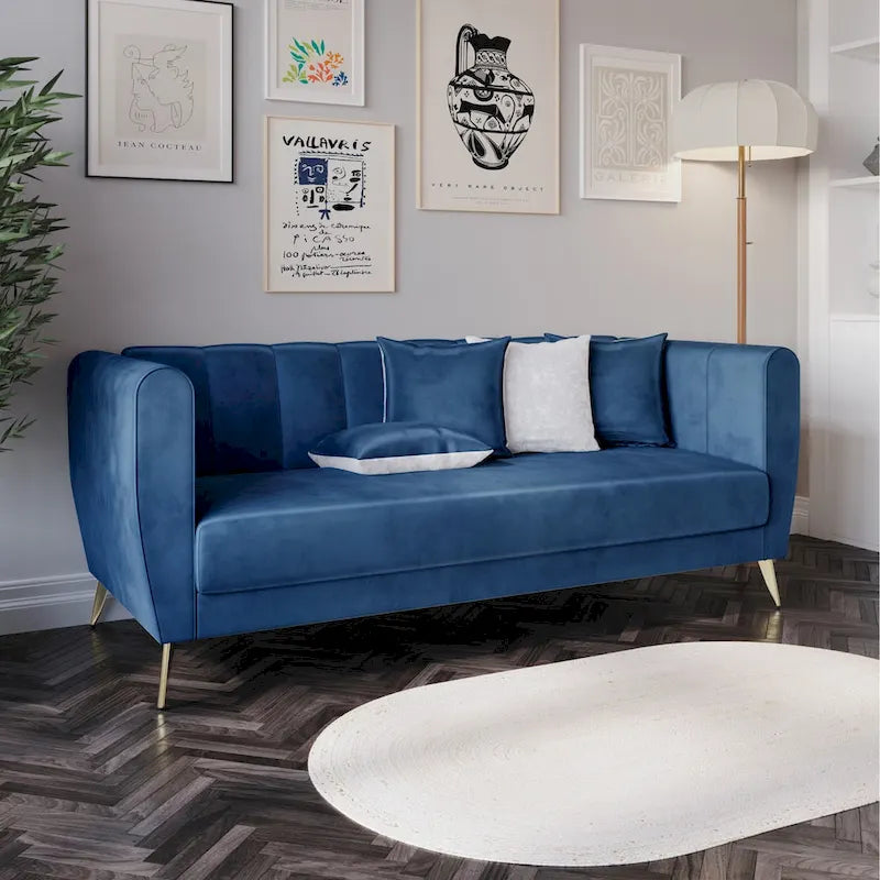 Canapé 3 places en velours avec accoudoirs évasés (4 coussins inclus)