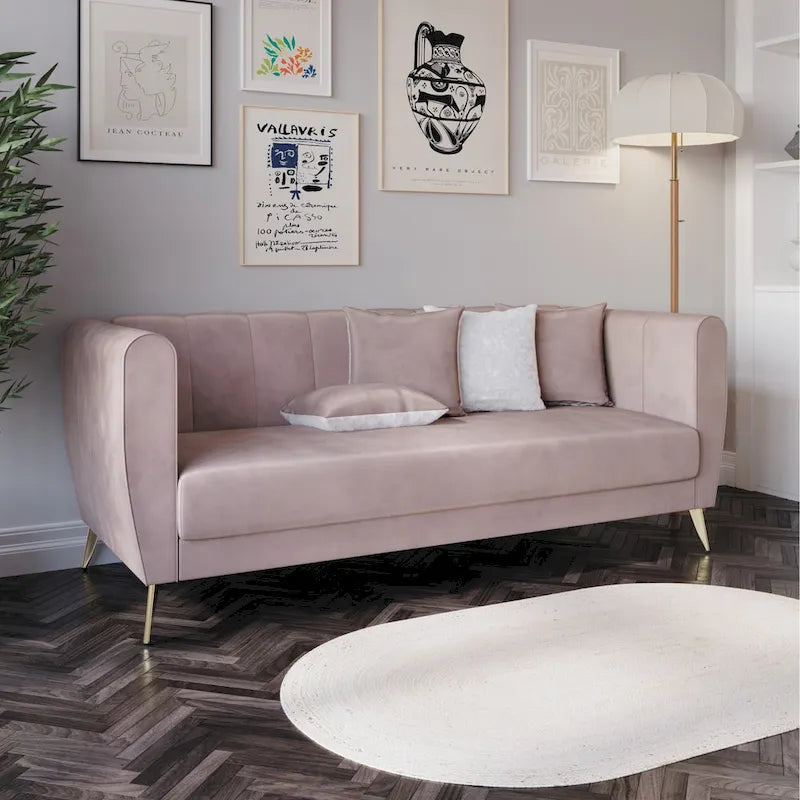 Canapé 3 places en velours avec accoudoirs évasés (4 coussins inclus)