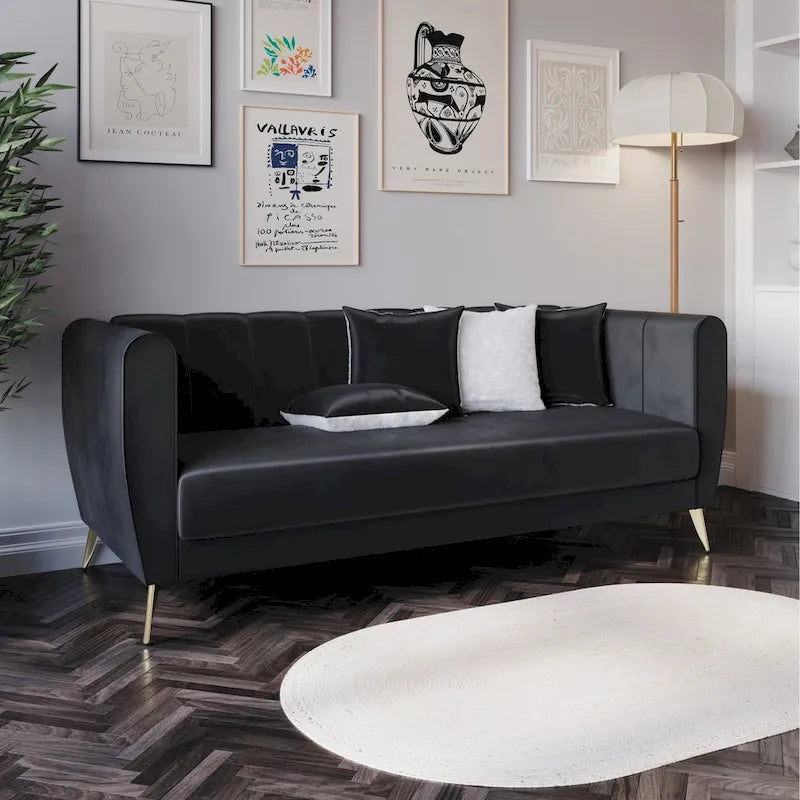 Canapé 3 places en velours avec accoudoirs évasés (4 coussins inclus)