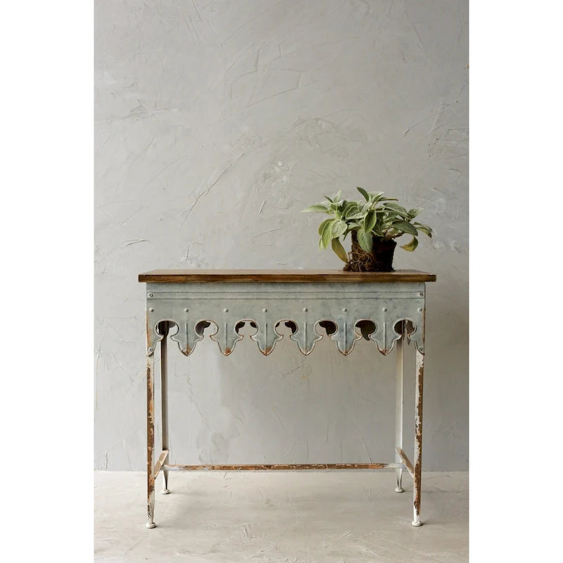 Zinc-Finished Metal and Wood Scalloped Edge Sofa Table