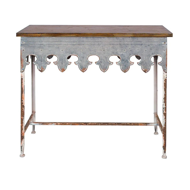 Console en métal finition zinc et bois à bord festonné