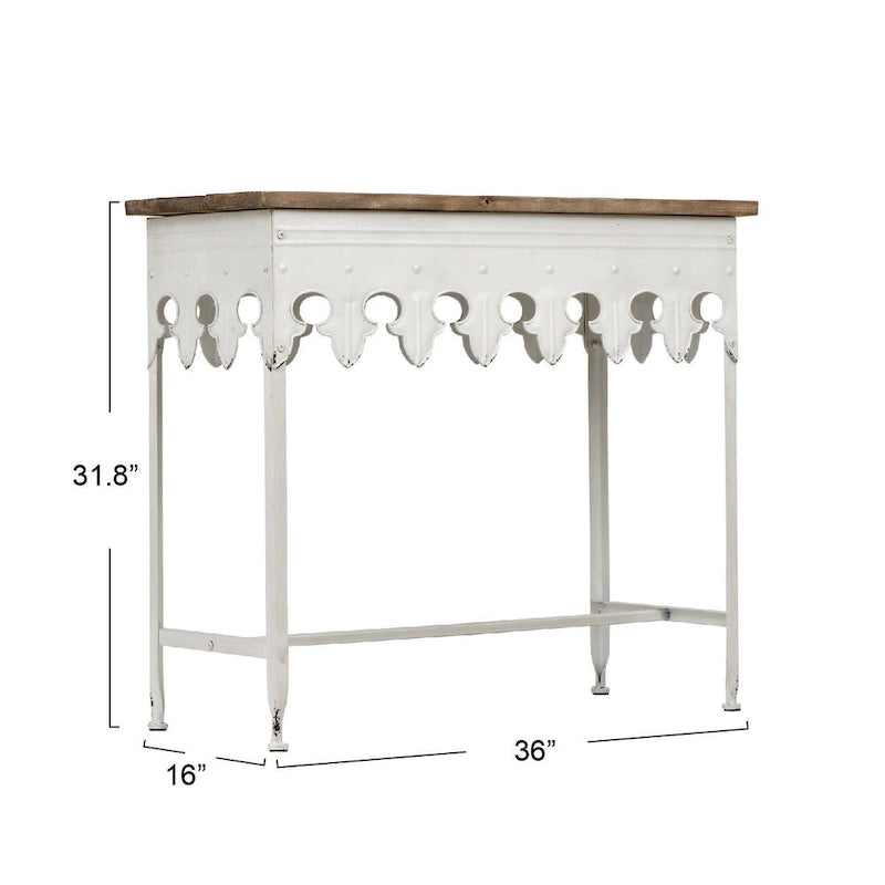 Console en métal finition zinc et bois à bord festonné