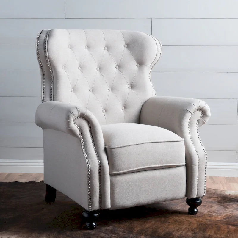 Fauteuil inclinable en tissu capitonné avec accents rivetées