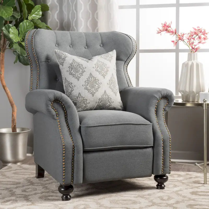 Fauteuil inclinable en tissu capitonné avec accents rivetées