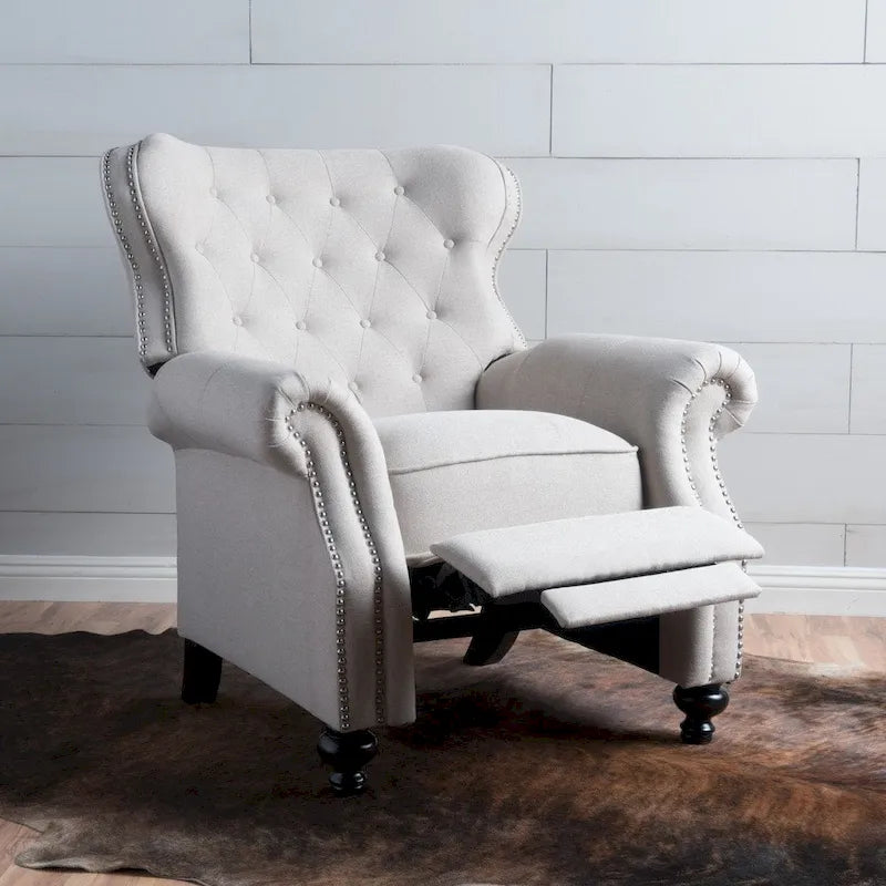 Fauteuil inclinable en tissu capitonné avec accents rivetées