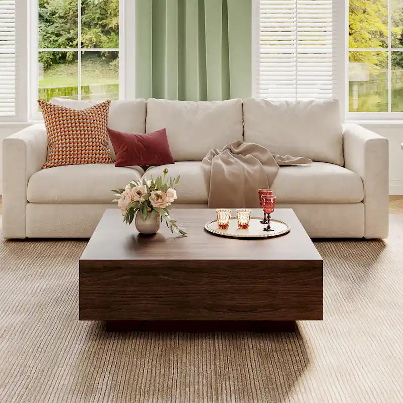 Mid Century Modern Coffee TableMinimalist Wood Veneer Coffee Table with Storage for Living Room, Fully-assembled