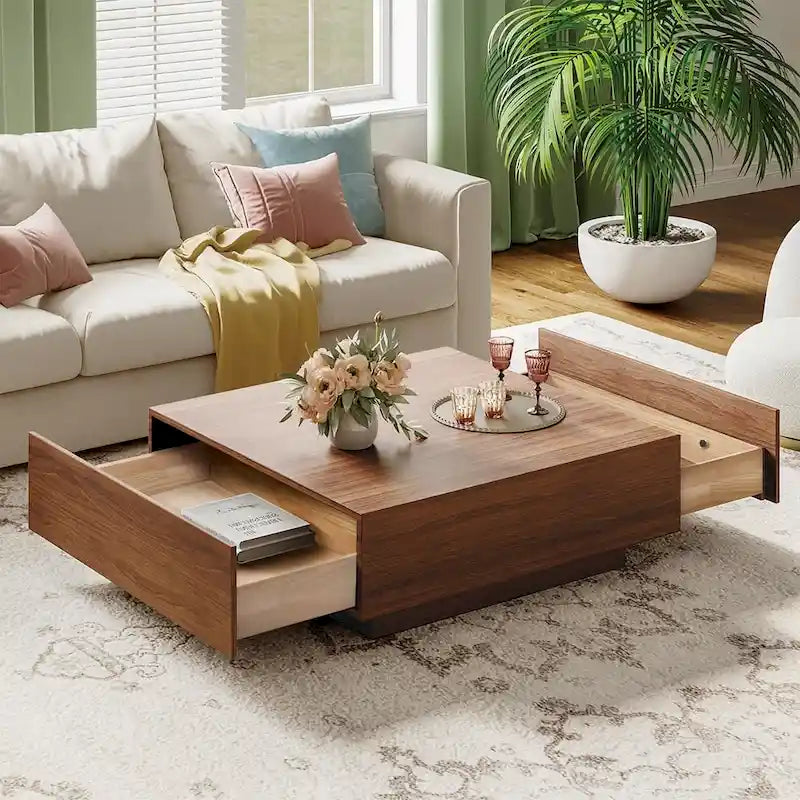 Mid Century Modern Coffee TableMinimalist Wood Veneer Coffee Table with Storage for Living Room, Fully-assembled