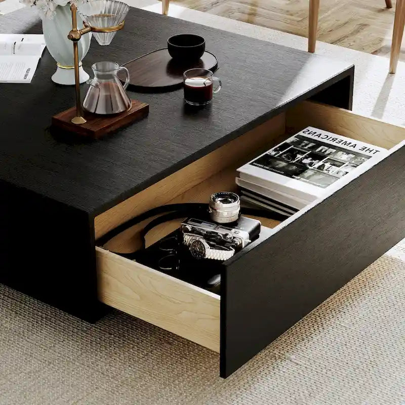 Table basse moderne du milieu du siècleTable basse minimaliste en placage de bois avec rangement pour salon, entièrement assemblée