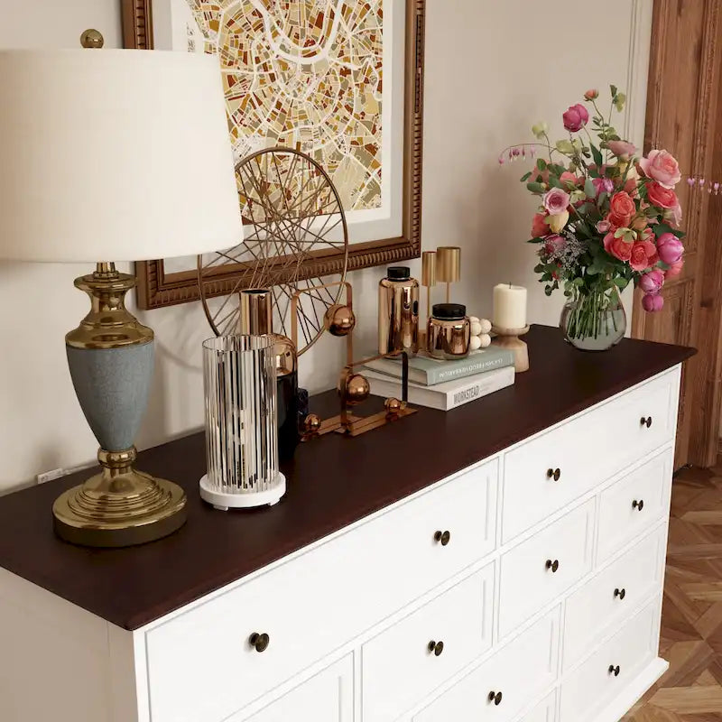 Versatile 12-Drawer Solid Wood Dresser - Brown & White Chest Of Drawer